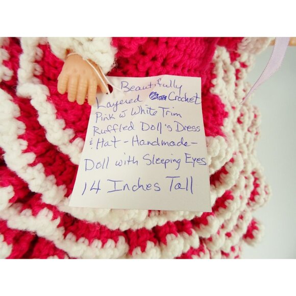 Vintage Doll Ruffled Layered Crochet Pink White Dress Sleeping Eyes 14in - Picture 6 of 10